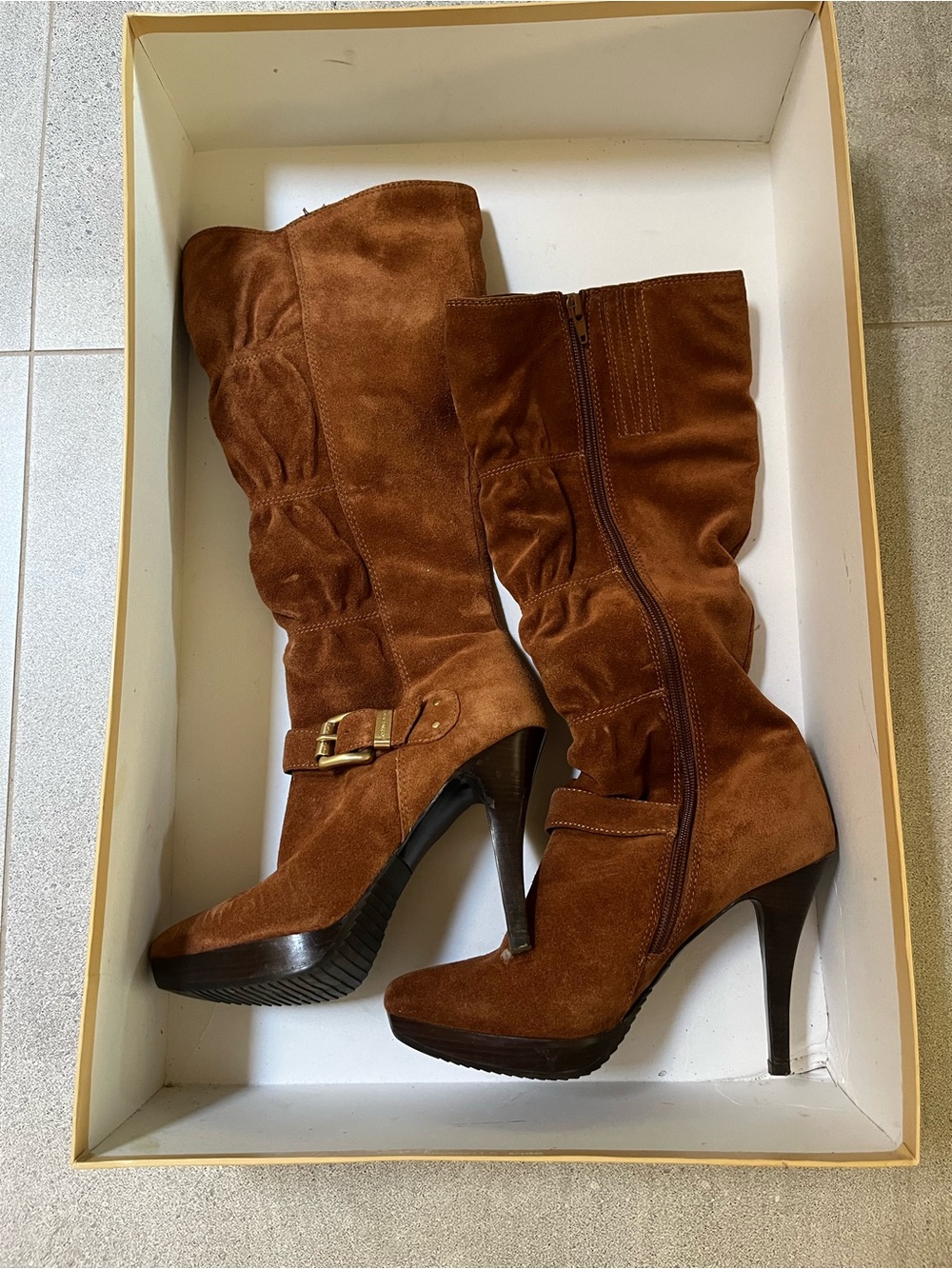 Michael Kors Brown Suede Mid-Calf Heeled Boots with Buckle